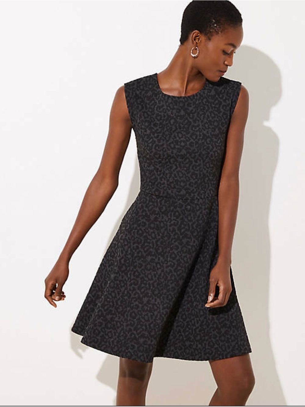 LOFT Black Subtle Jacquard Leopard-Print Fit & Flare Midi A-Line Dress